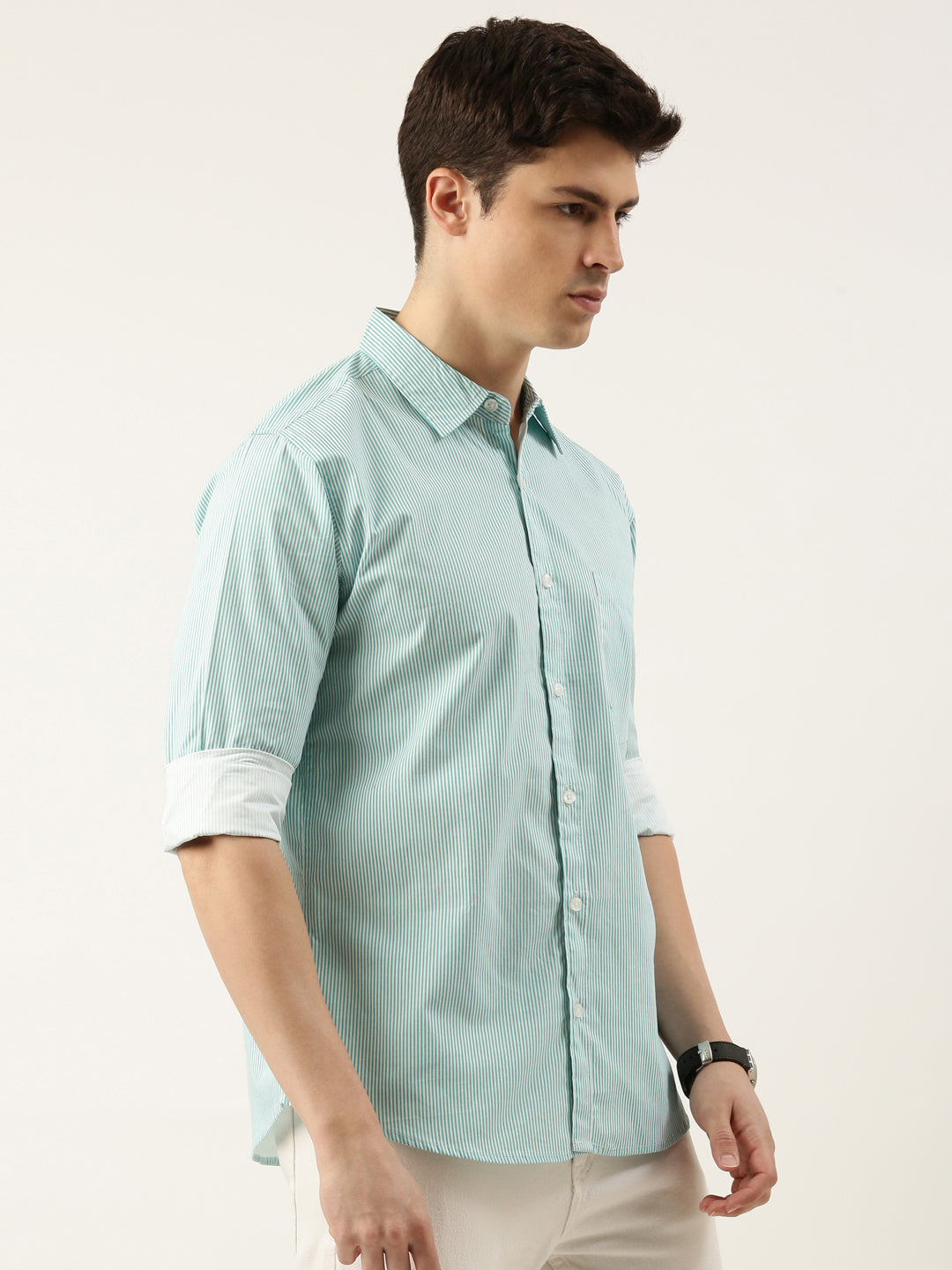 Men Mint Green Striped Pure Cotton Full Sleeve Casual Shirt
