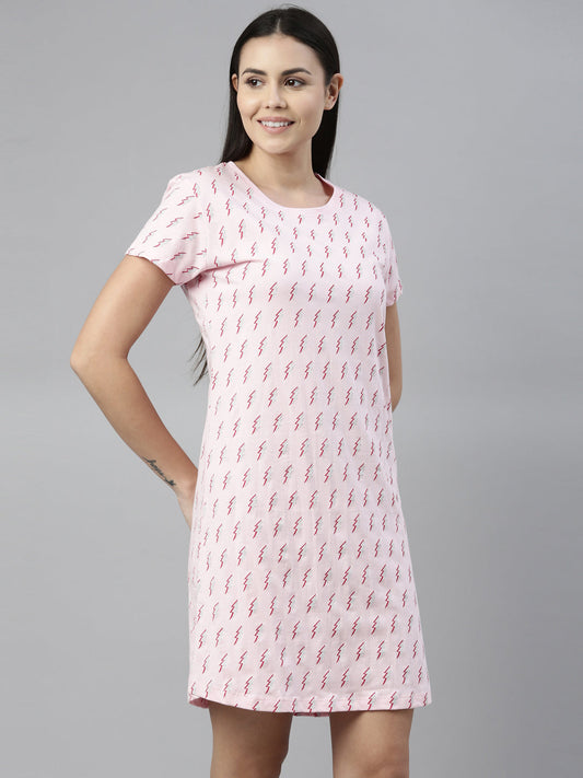 CURARE Women Printed Round Neck Pink LongTees