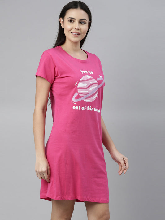 CURARE Women Printed Round Neck Fuchsia LongTees