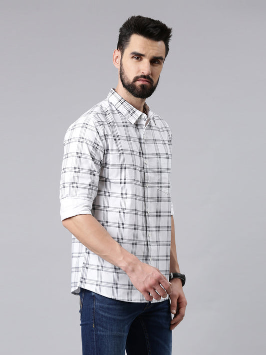White Checked Pure Cotton Casual Full Sleeve Shirt