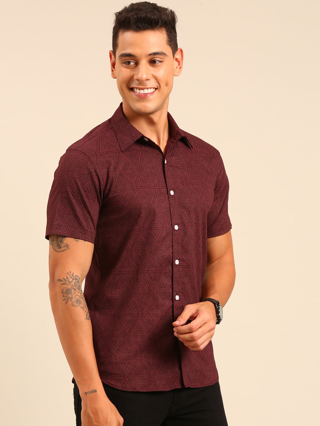 JOVEN Men Maroon Printed Casual Lycra Shirt ( No Returns )