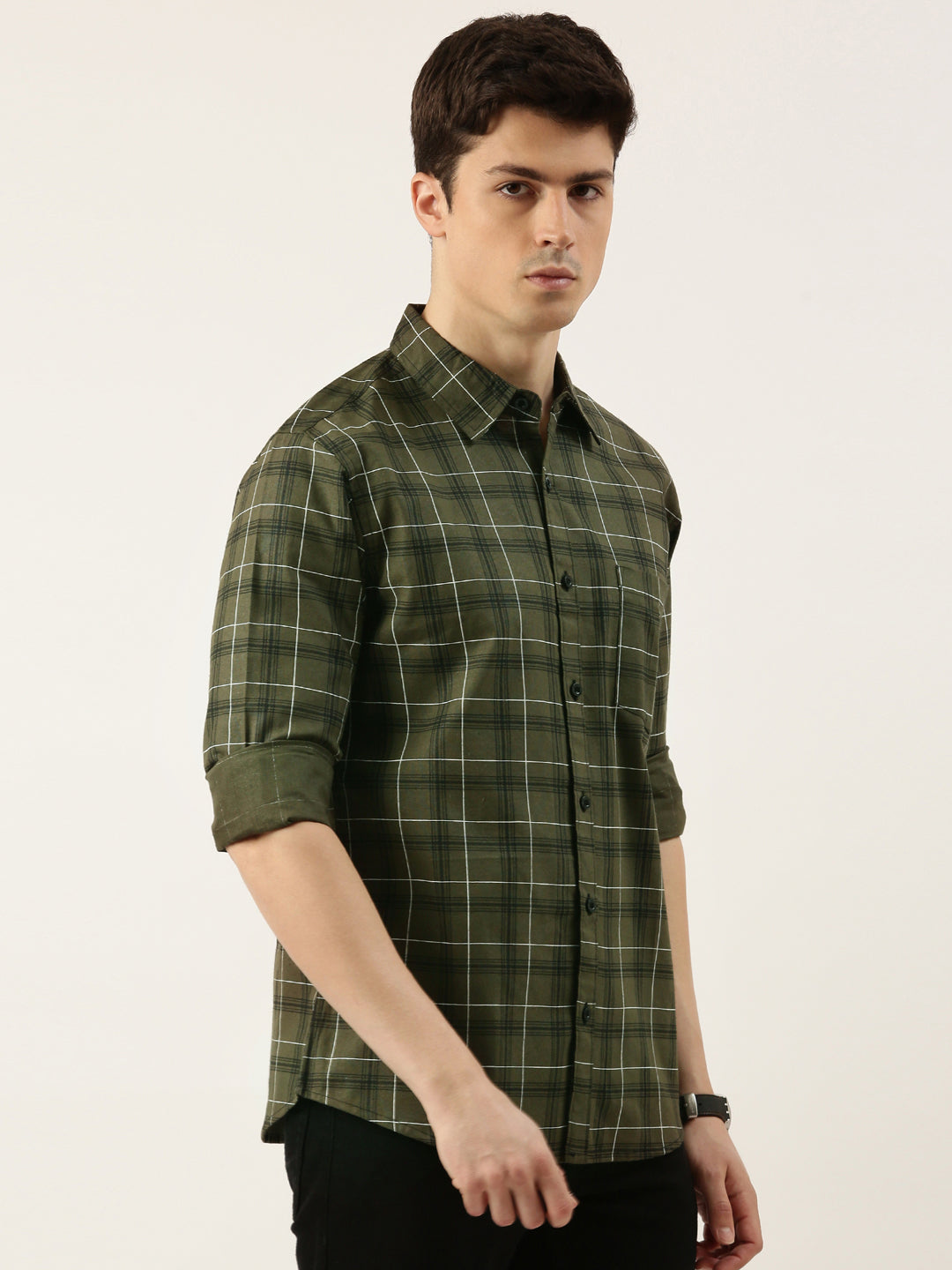 Men Olive Green Checked Pure Cotton Full Sleeve Casual Shirt