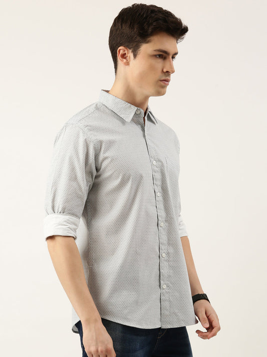 Men White Printed Pure Cotton Full Sleeve Casual Shirt