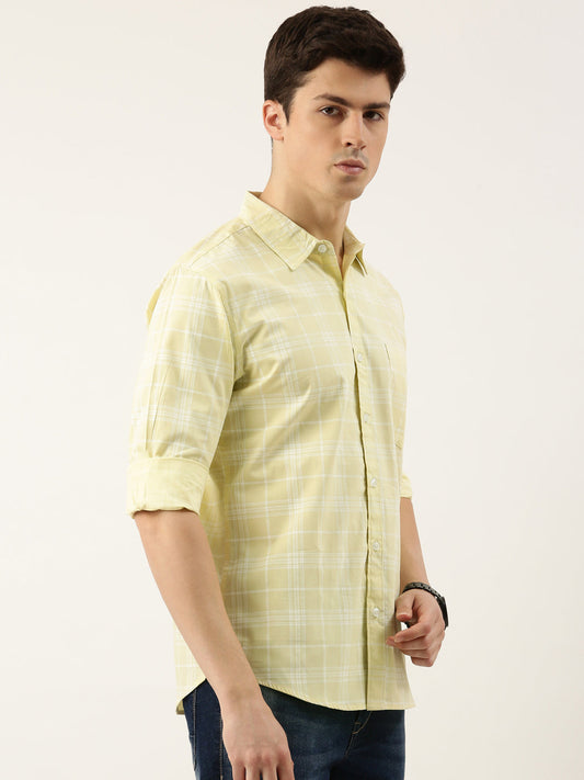 Men Yellow Checked Pure Cotton Full Sleeve Casual Shirt
