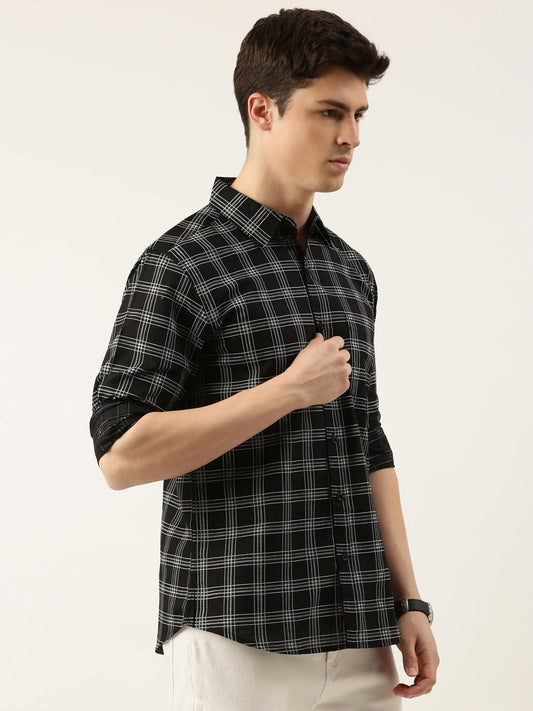 Men Black Checked Pure Cotton Full Sleeve Casual Shirt