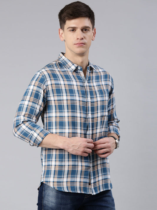 Men Blue Checked Cotton Blend Casual Full Sleeve Shirt