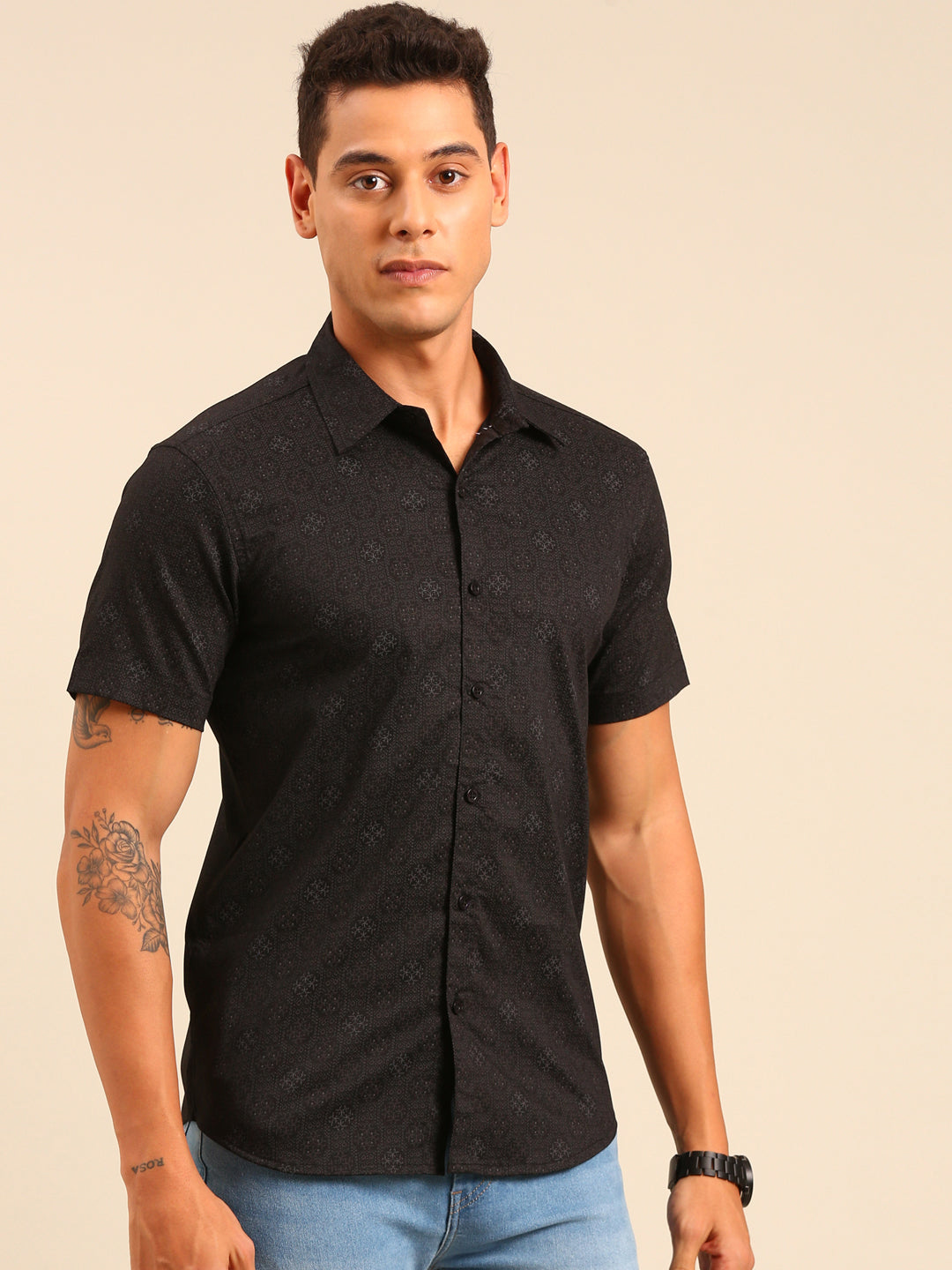 JOVEN Men Black Printed Casual Lycra Shirt ( No Returns )