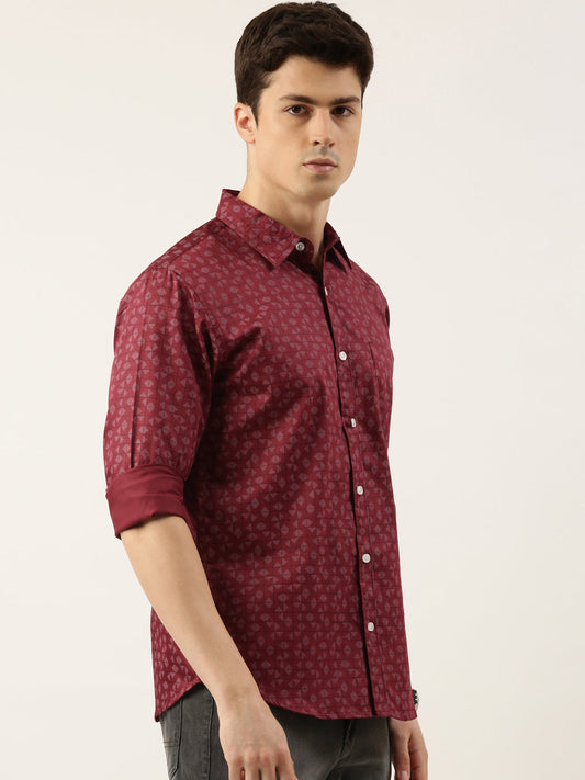 Men Maroon Printed Pure Cotton Full Sleeve Casual Shirt