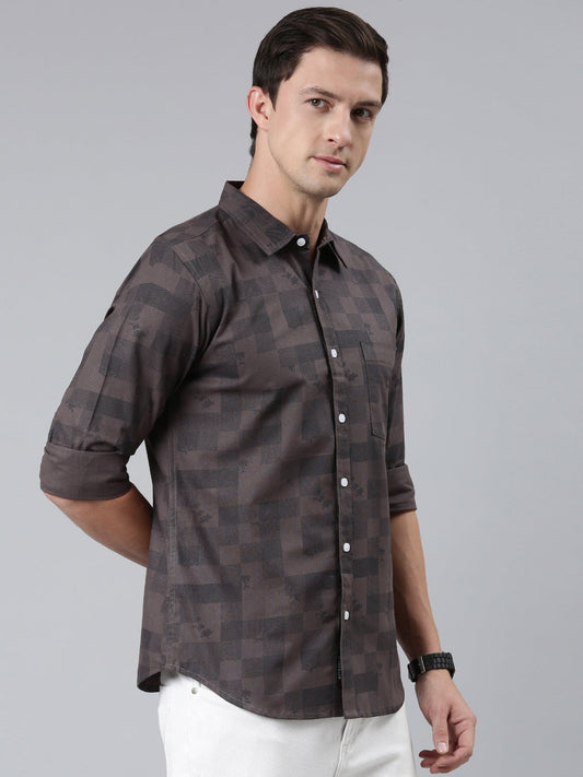 Men Brown Printed Pure Cotton Full Sleeve Casual Shirt