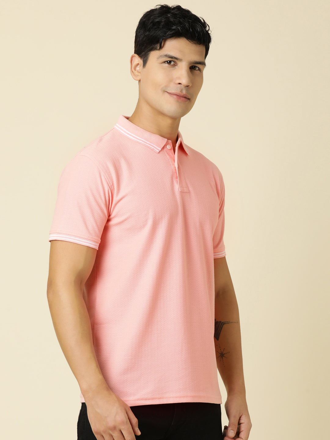 Men Solid Polo Neck Soft Pink T-Shirt