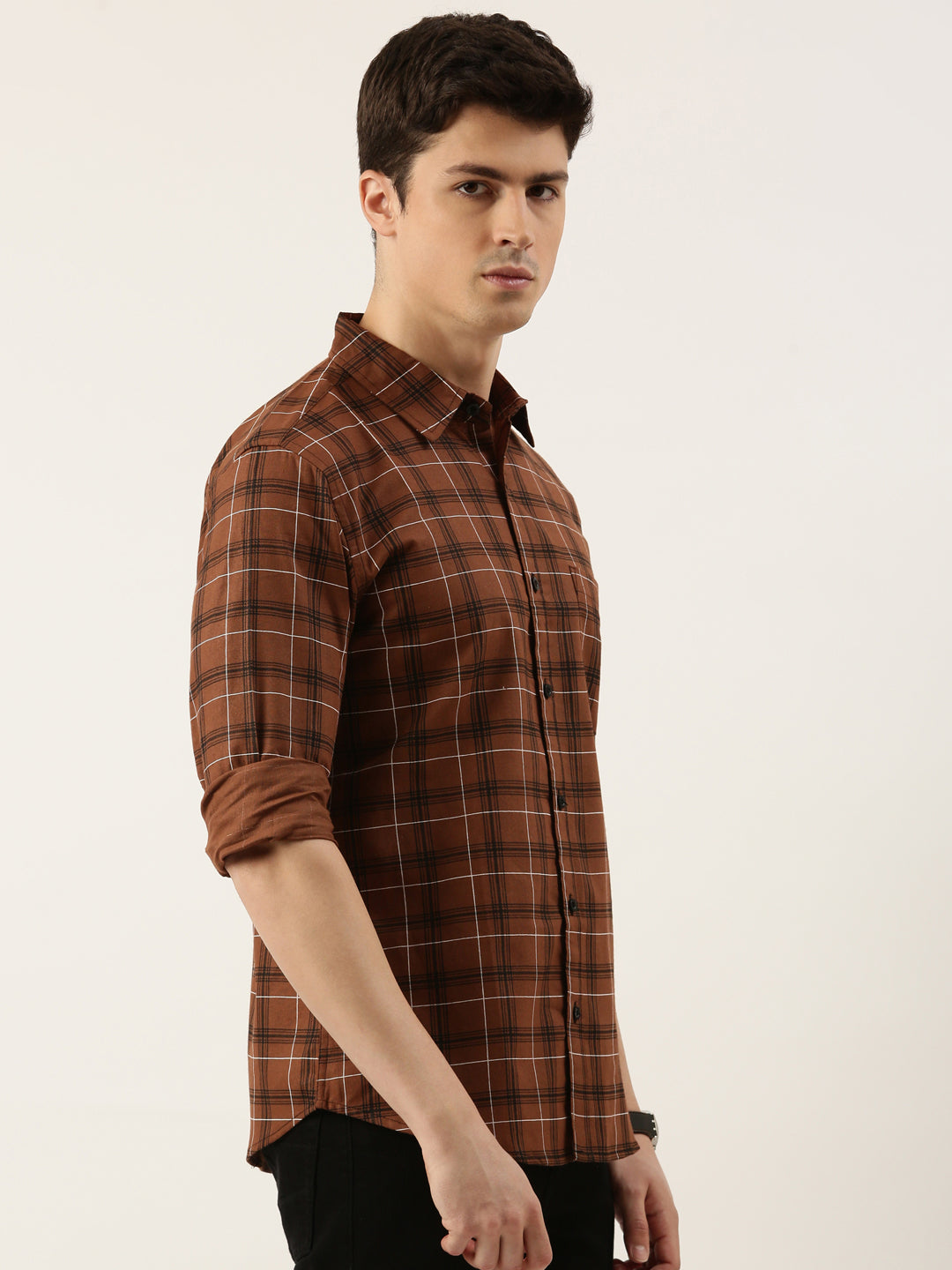Men Brown Checked Pure Cotton Full Sleeve Casual Shirt