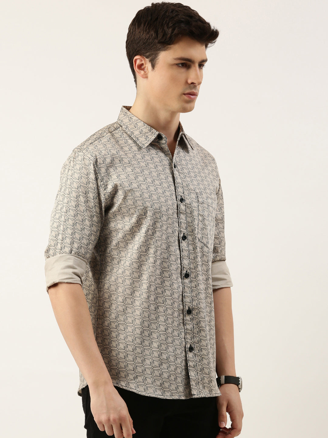 Men Beige Printed Pure Cotton Full Sleeve Casual Shirt