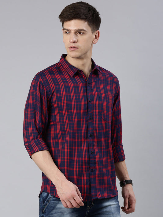Men Red and Navy Blue Checked Cotton Blend Casual Full Sleeve Shirt