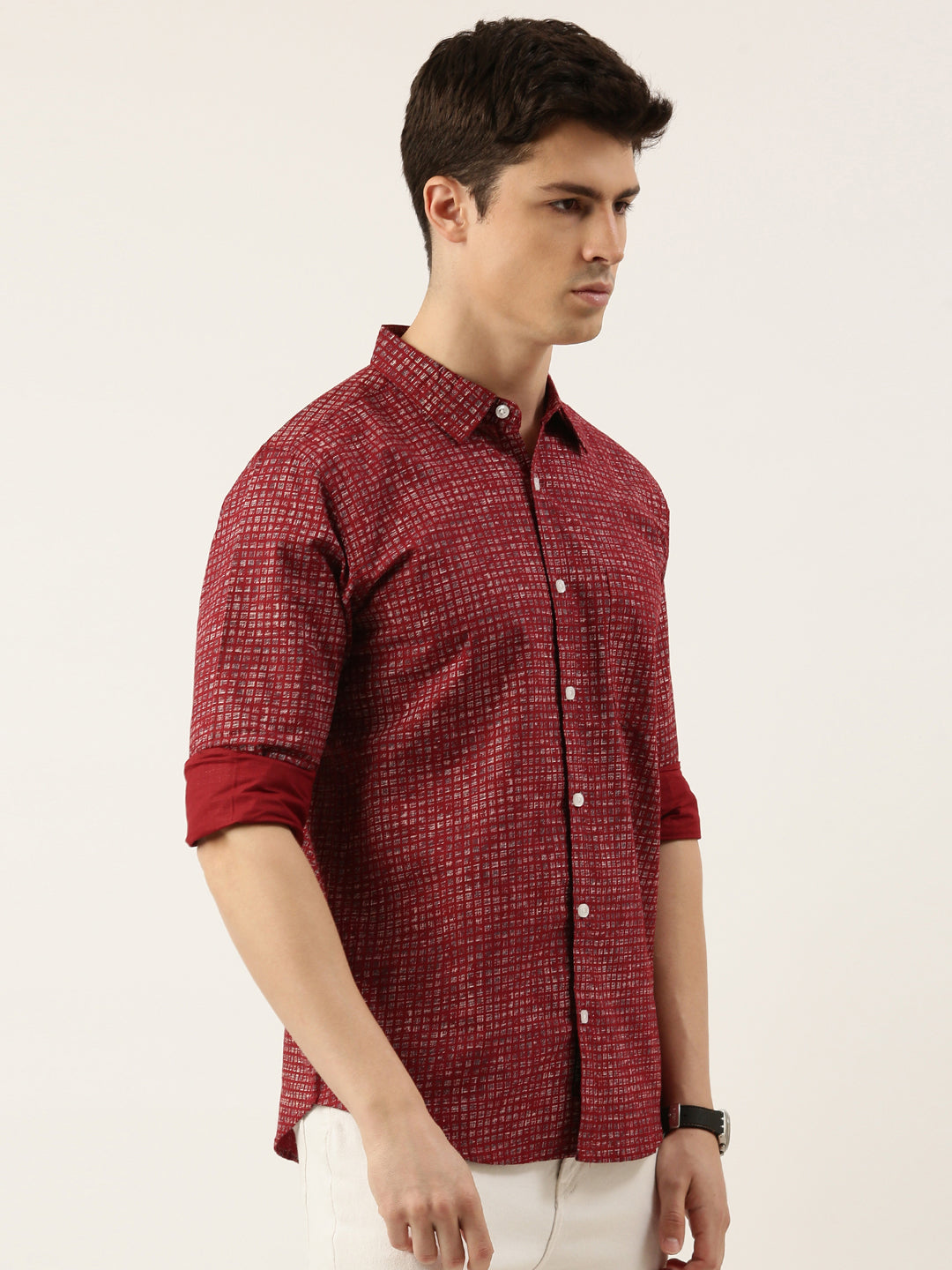 Men Maroon Printed Pure Cotton Full Sleeve Casual Shirt