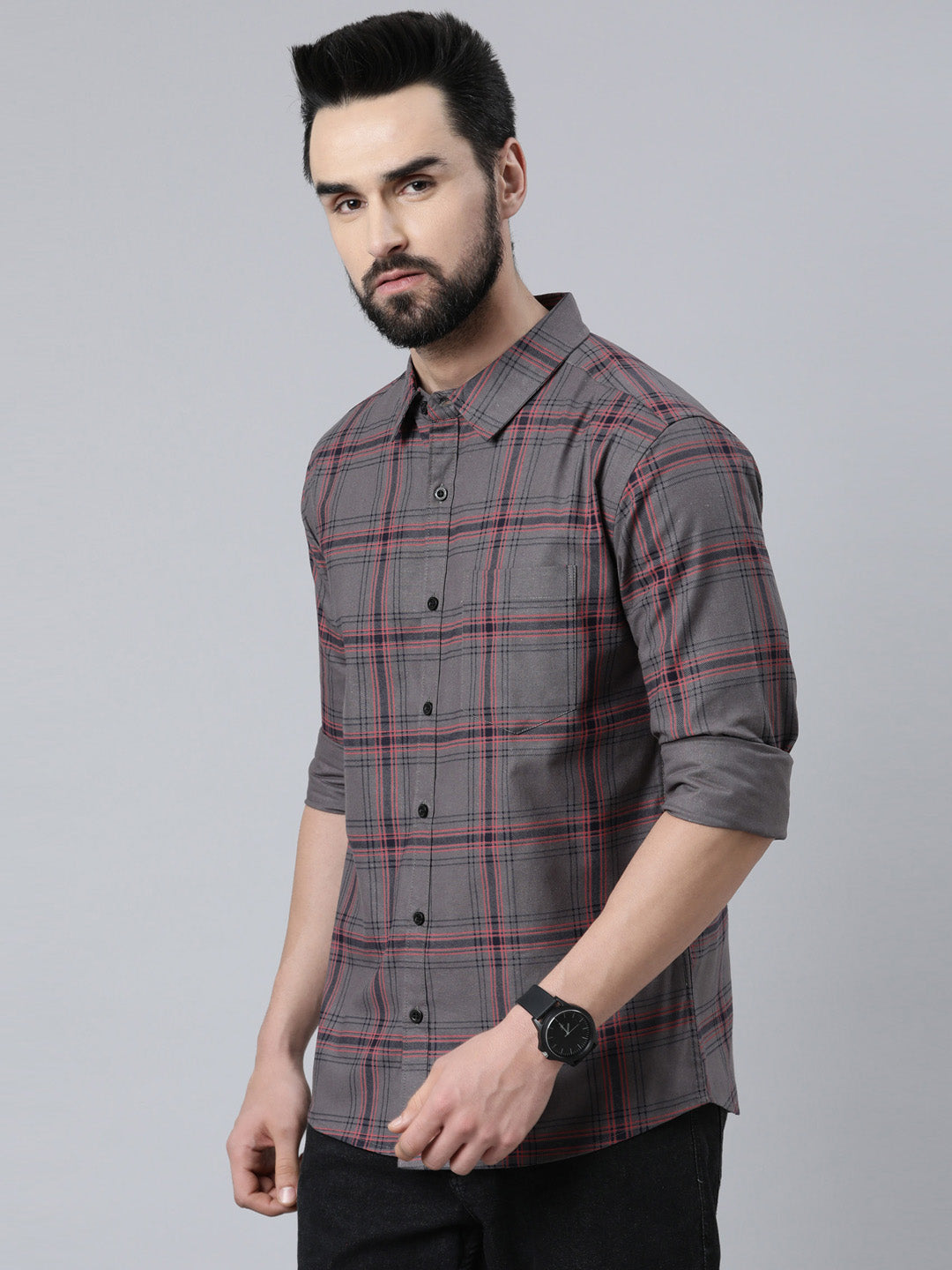 Grey Checked Pure Cotton Full Sleeve Shirt