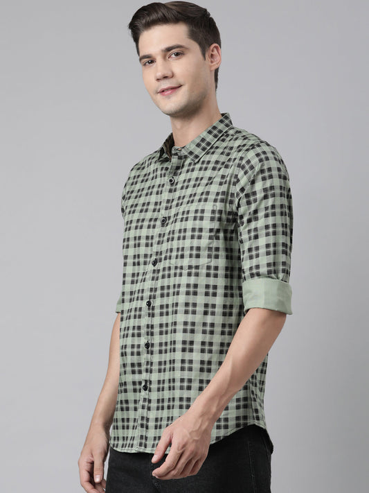 BROON Men Green And Black Checkered Pure Cotton Full Sleeve Shirt