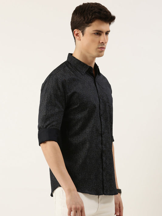 Men Navy Blue Printed Pure Cotton Full Sleeve Casual Shirt