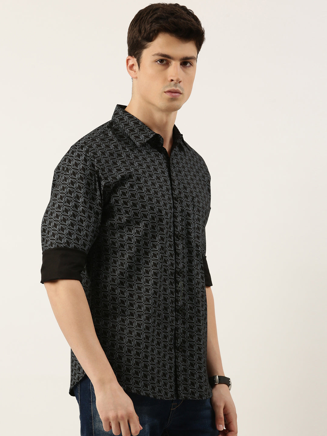 Men Black Printed Pure Cotton Full Sleeve Casual Shirt