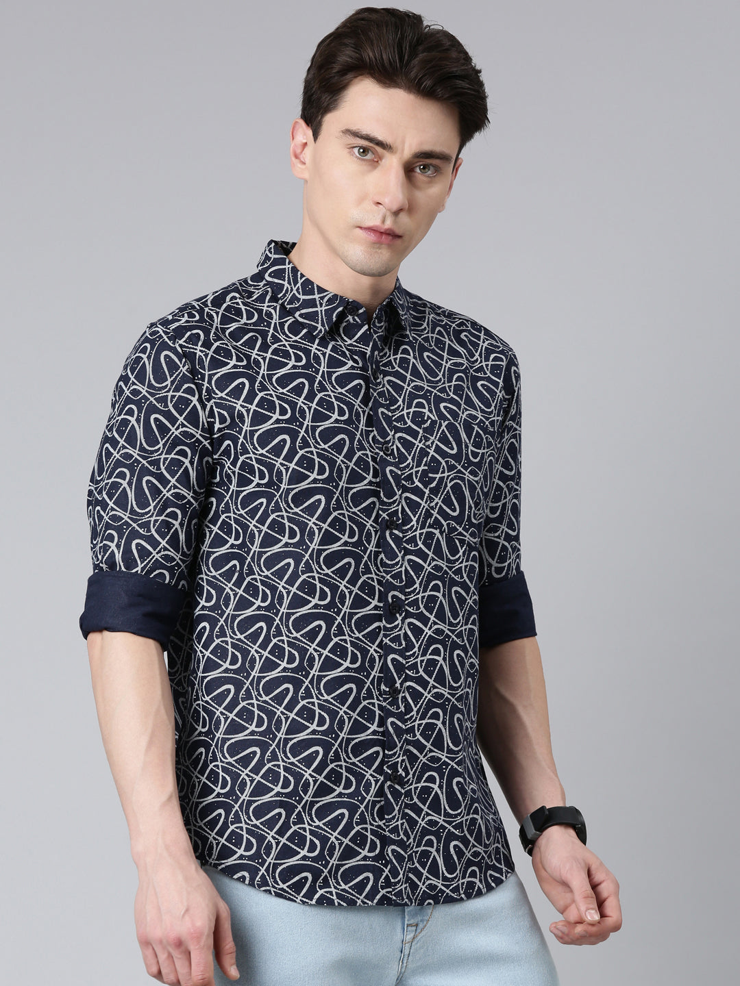 Navy printed Pure Cotton Full Sleeve Shirt
