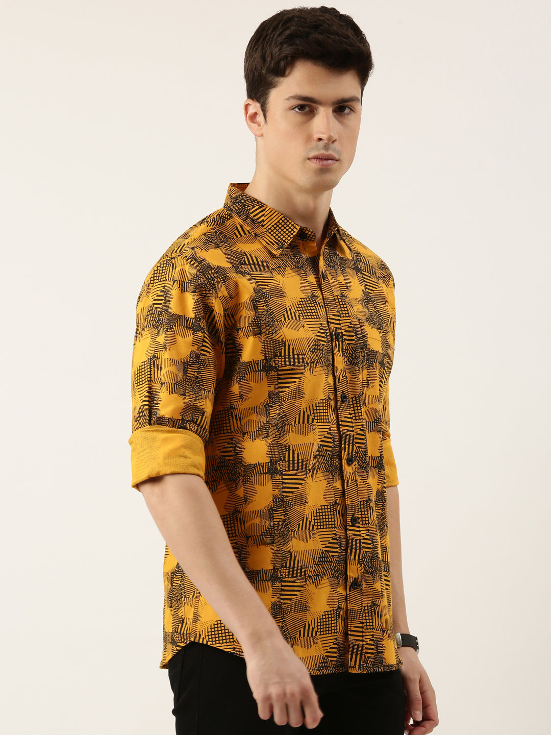 Men Yellow Printed Pure Cotton Full Sleeve Casual Shirt
