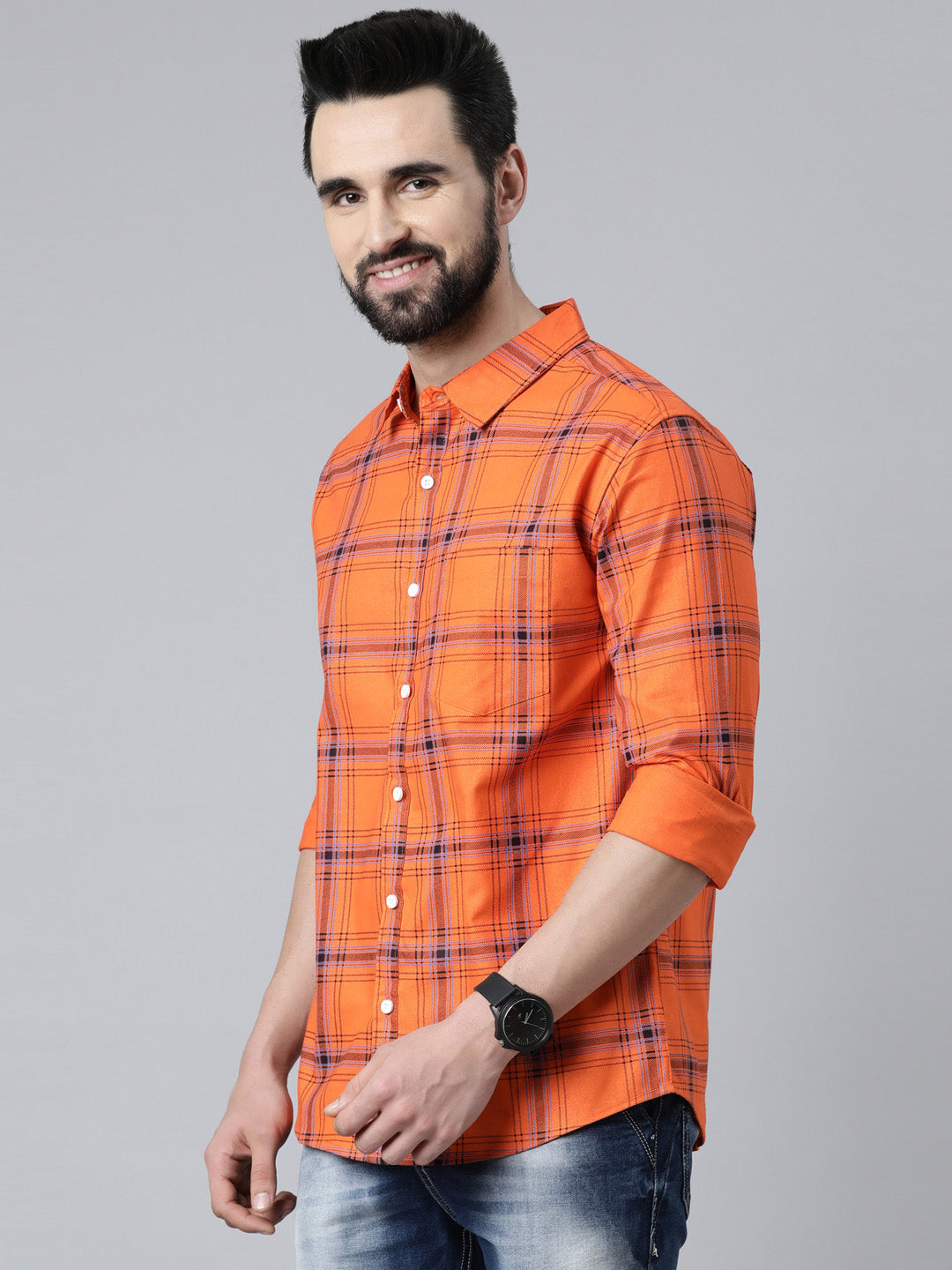 Orange Checked Pure Cotton Full Sleeve Shirt