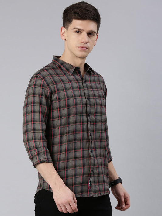 Men Grey Checked Cotton Blend Casual Full Sleeve Shirt
