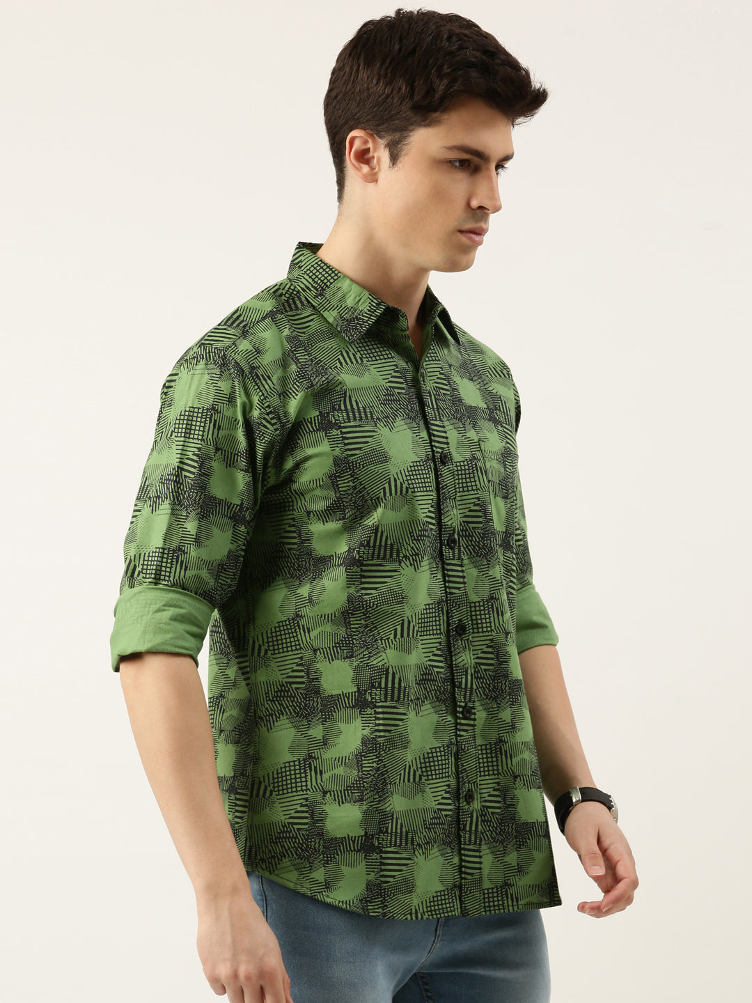 Men Green Printed Pure Cotton Full Sleeve Casual Shirt