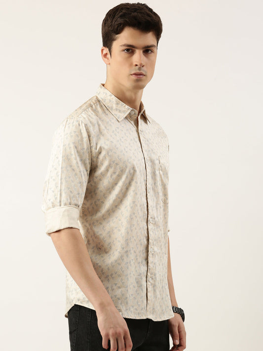 Men Beige Printed Pure Cotton Full Sleeve Casual Shirt