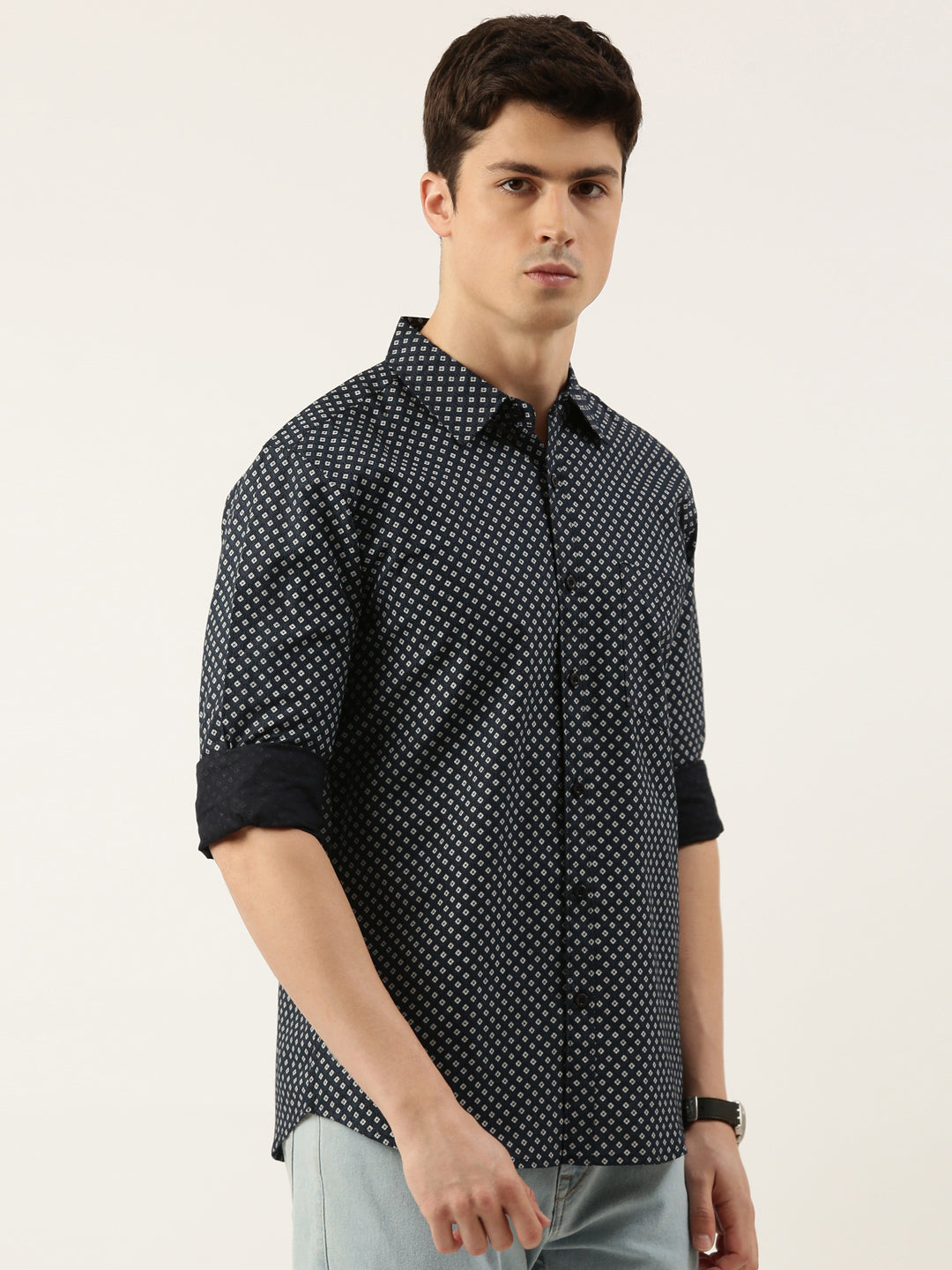 Men Navy Blue Printed Pure Cotton Full Sleeve Casual Shirt