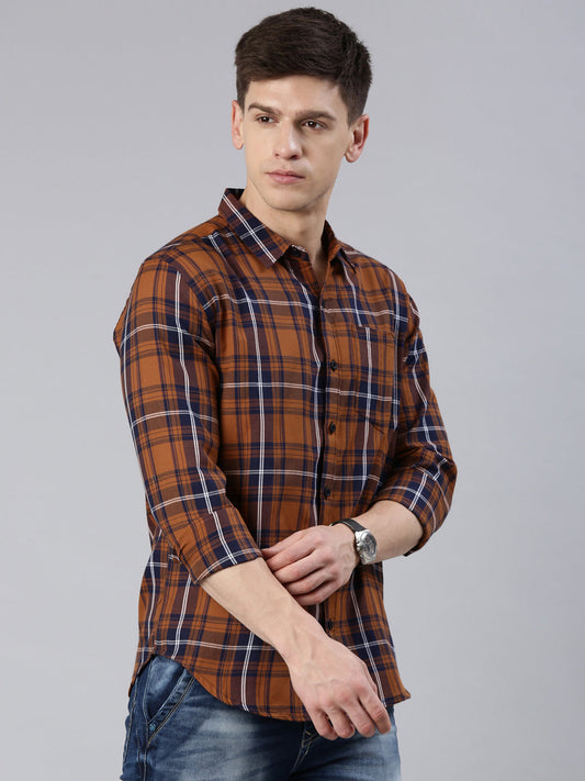 Men Brown Checked Cotton Blend Casual Full Sleeve Shirt
