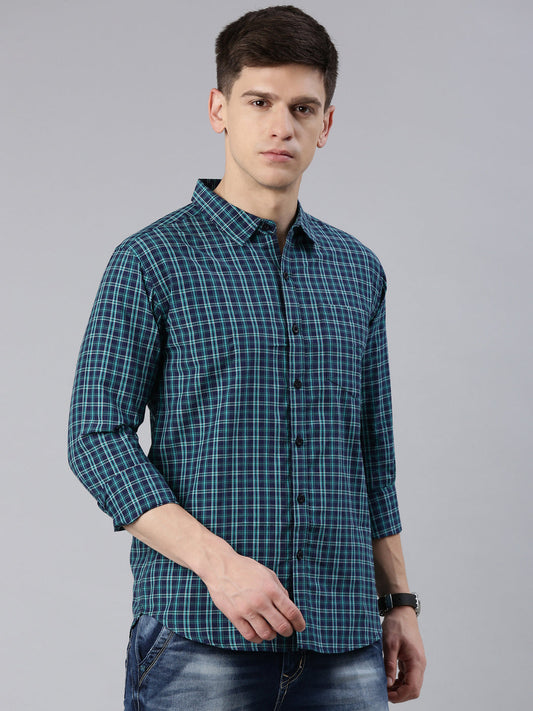 Men Green Checked Cotton Blend Casual Full Sleeve Shirt