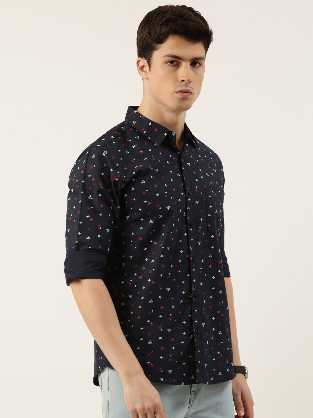 Men Navy Blue and Red Printed Pure Cotton Full Sleeve Casual Shirt