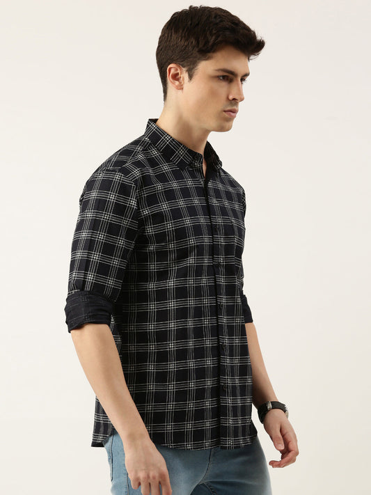 Men Navy Blue Checked Pure Cotton Full Sleeve Casual Shirt