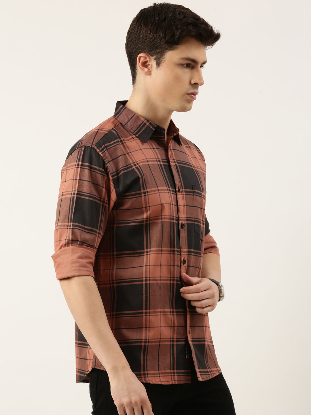 Men Brown and Black Checked Pure Cotton Full Sleeve Casual Shirt