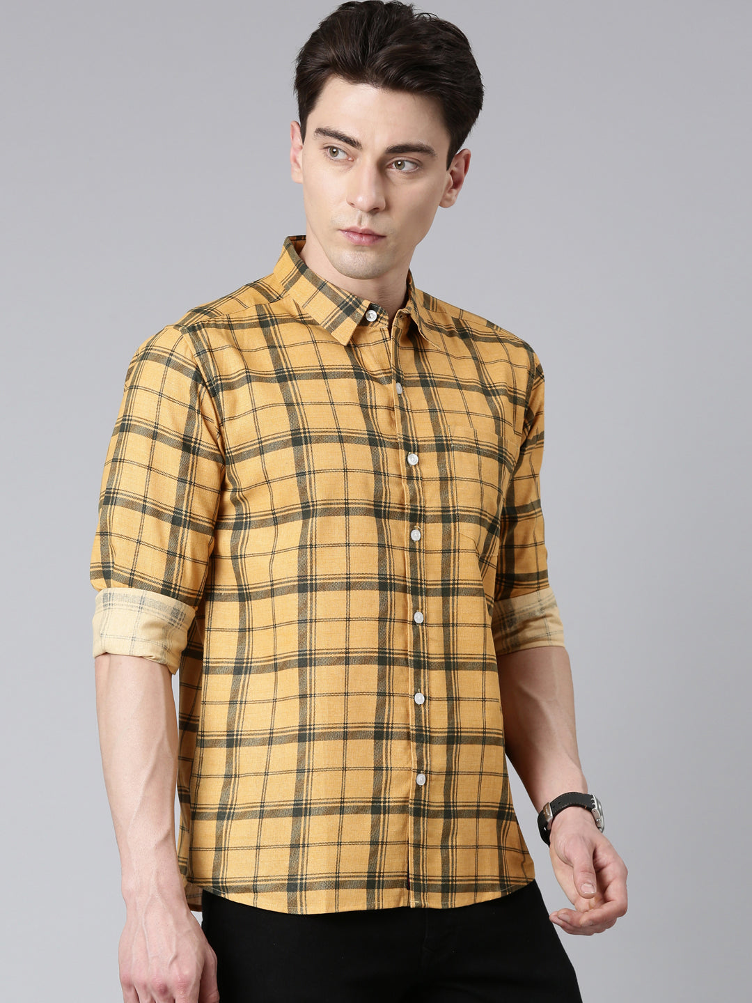 Yellow Checkered Pure Cotton Full Sleeve Shirt