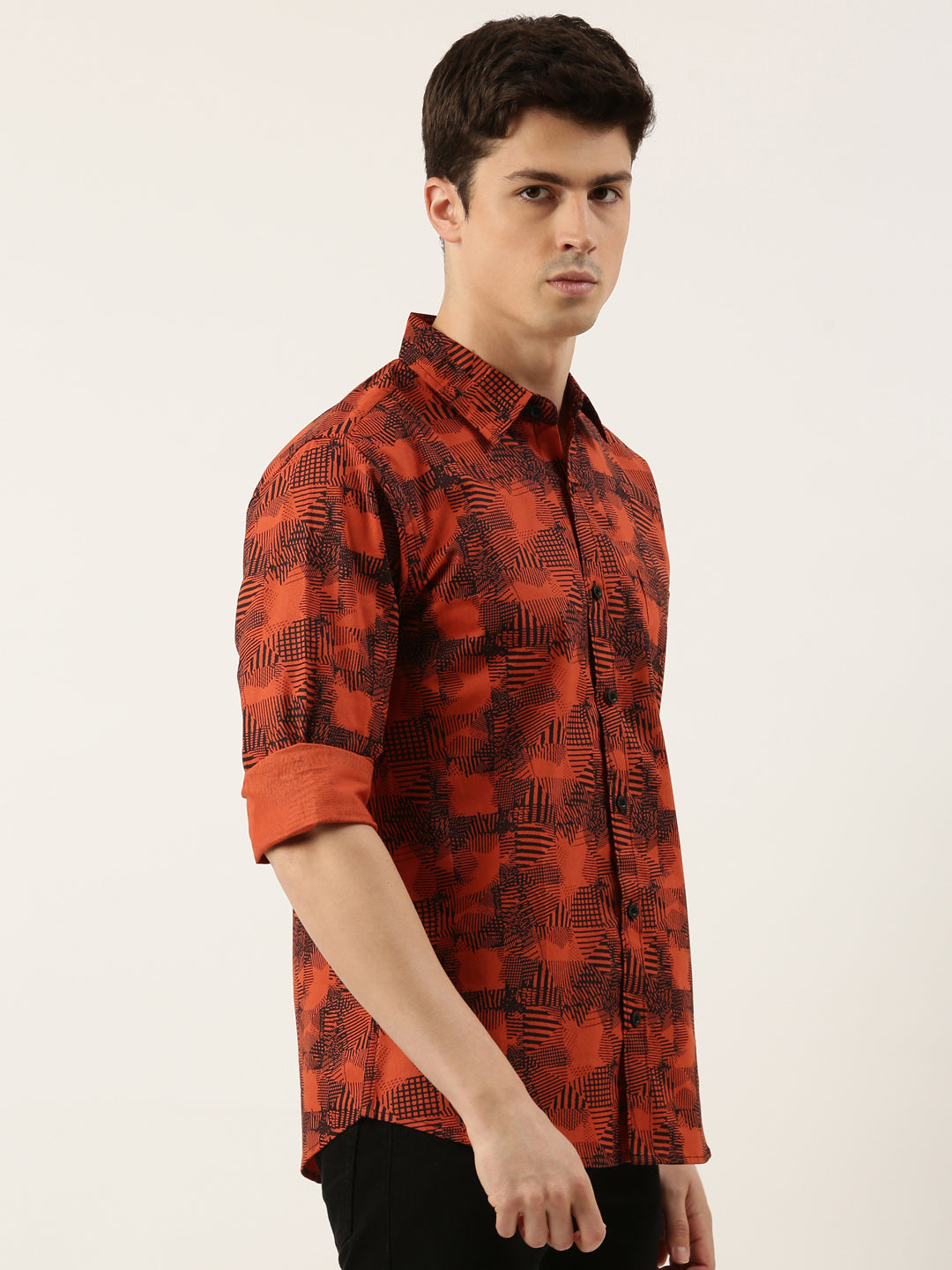 Men Orange Printed Pure Cotton Full Sleeve Casual Shirt