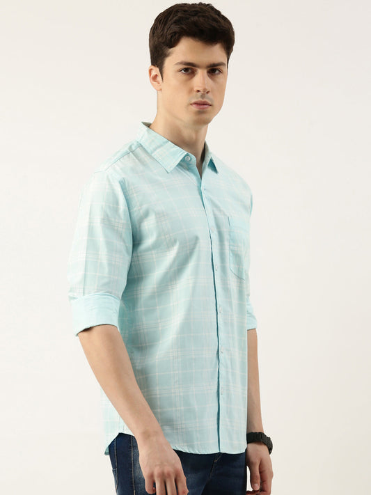Men Sky Blue Checked Pure Cotton Full Sleeve Casual Shirt