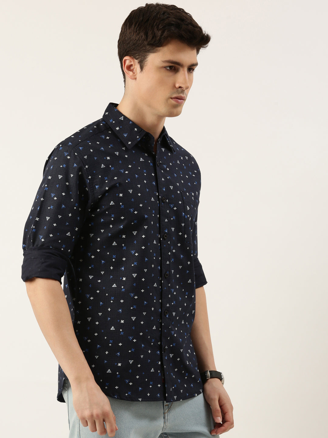 Men Navy Blue and Blue Printed Pure Cotton Full Sleeve Casual Shirt