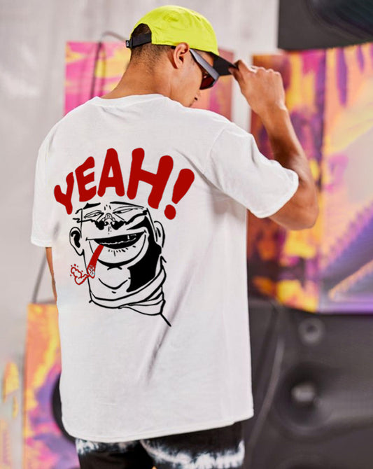 Broon Men White Printed Oversize Round Neck T-Shirt