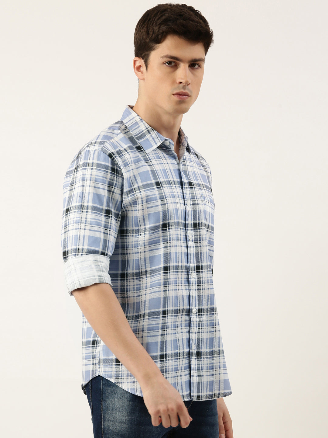 Men Blue Checked Pure Cotton Full Sleeve Casual Shirt