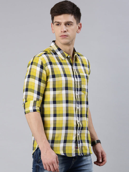 Men Yellow Checked Cotton Blend Casual Full Sleeve Shirt
