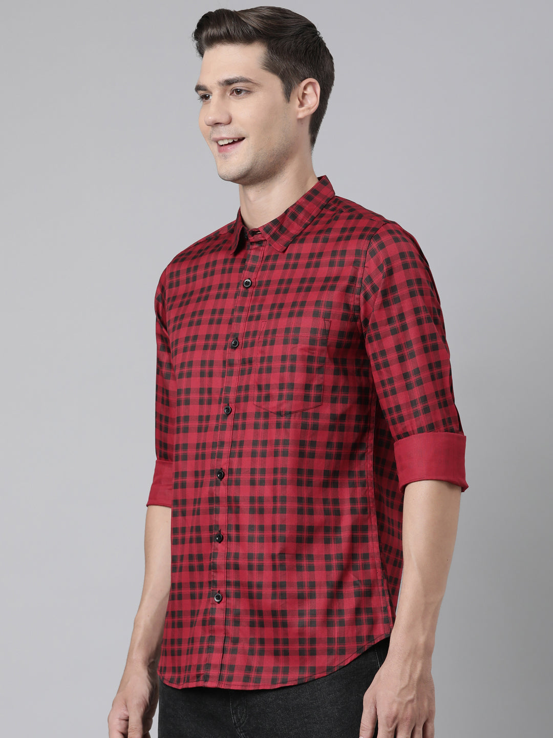 BROON Men Red And Black Checkered Pure Cotton Full Sleeve Shirt