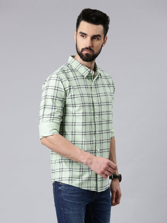 Green Checked Pure Cotton Casual Full Sleeve Shirt