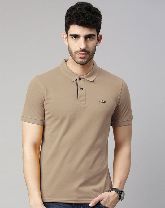 Men Beige Solid Polo Collar T-shirt