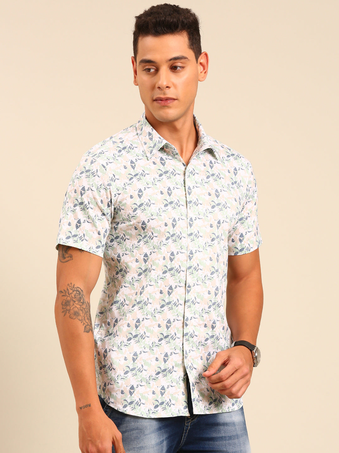 JOVEN Men White and Green Printed Casual Lycra Shirt ( No Returns )