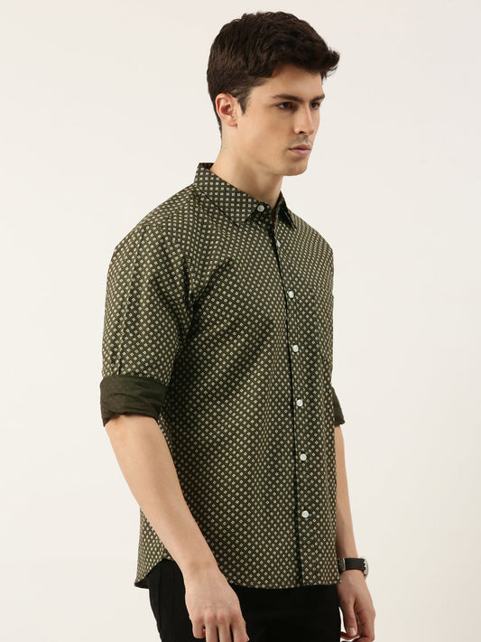 Men Dark Green Printed Pure Cotton Full Sleeve Casual Shirt