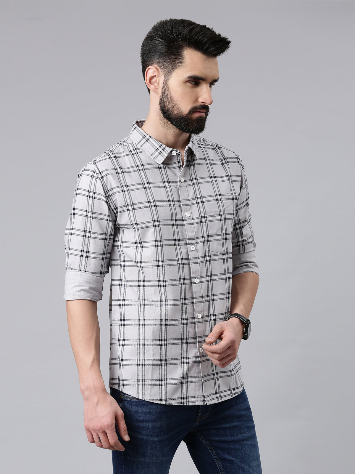 Grey Melange Checked Pure Cotton Casual Full Sleeve Shirt