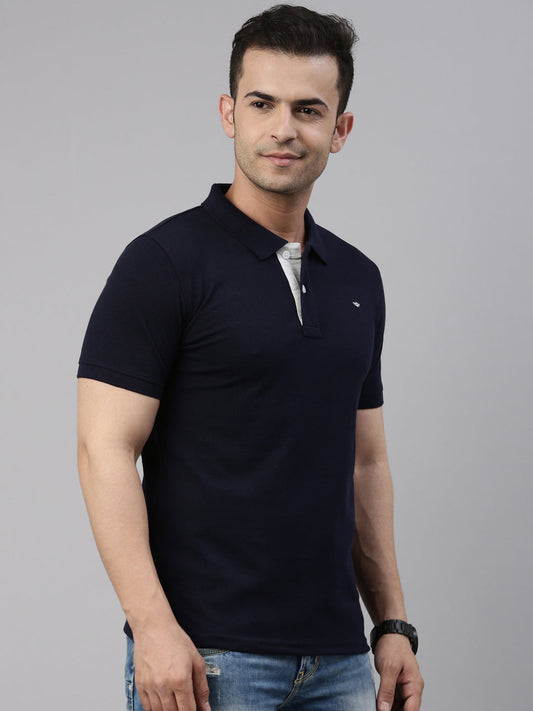 Men Navy Blue Solid Polo Collar T-shirt