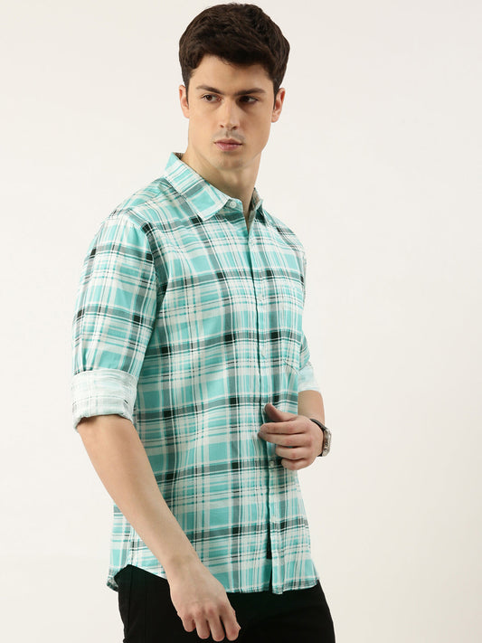 Men Teal Green Checked Pure Cotton Full Sleeve Casual Shirt