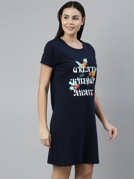 CURARE Women Printed Round Neck Navy Blue LongTees